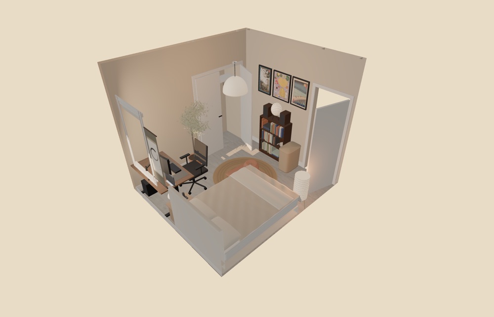 SF bedroom concept: a 3D dollhouse view of a warm bedroom with a full bed, a desk facing the window, a bookcase, paper lamps and framed art