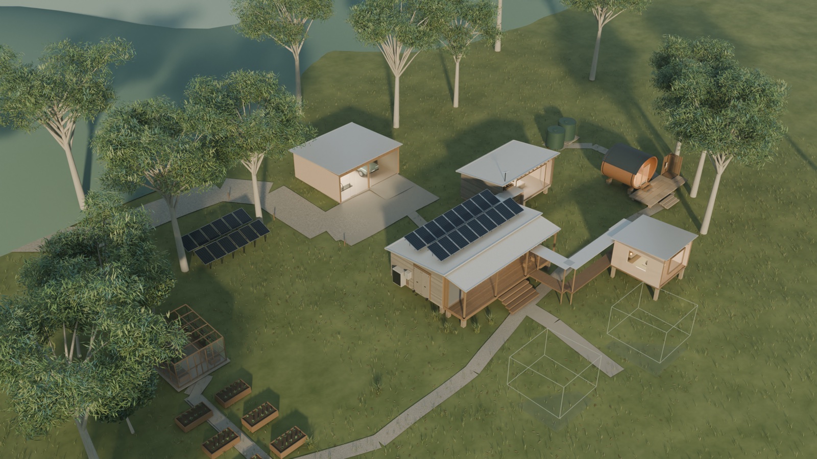 Samford Valley house concept with timber pavilions, solar panels, garden beds and future building outlines